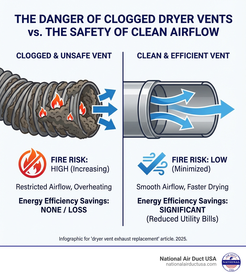 Infographic showing a side-by-side comparison of a clogged dryer vent with visible lint buildup and flames, versus a clean metal dryer vent with smooth airflow, labeled with fire risk percentage and energy efficiency savings - dryer vent exhaust replacement infographic 