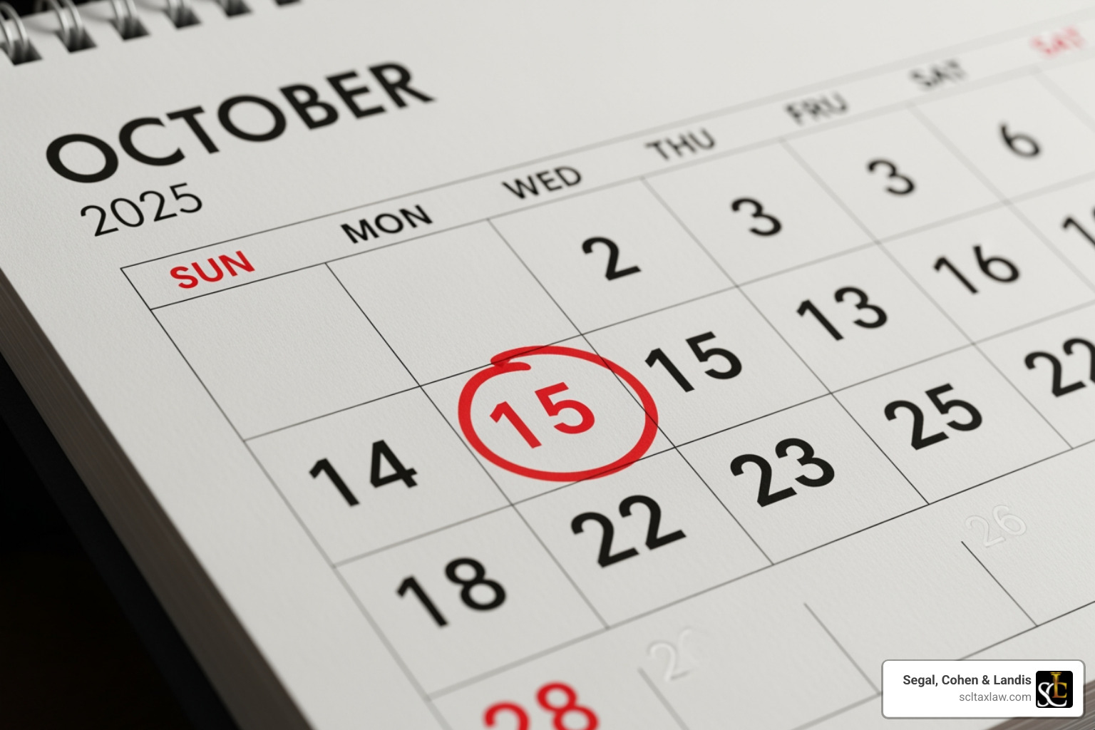 Calendar with October 15, 2025 circled - Tax relief Los Angeles