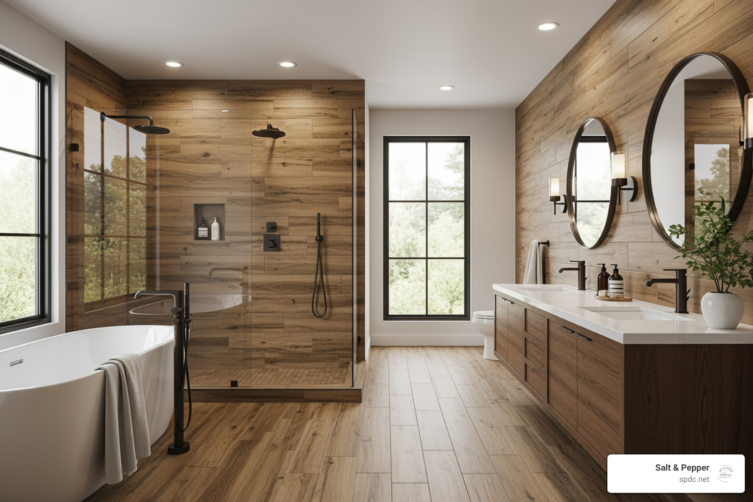 bathroom featuring large-format, wood-look porcelain tiles - Bathroom tile installation Tampa bathroom featuring large-format, wood-look porcelain tiles - Bathroom tile installation Tampa