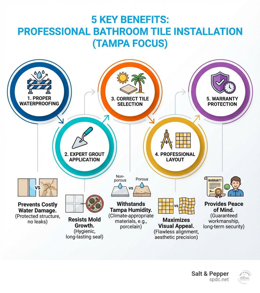 Infographic showing the 5 key benefits of professional bathroom tile installation: proper waterproofing prevents costly water damage, expert grout application resists mold growth, correct tile selection withstands Tampa humidity, professional layout maximizes visual appeal, and warranty protection provides peace of mind - Bathroom tile installation Tampa infographic Infographic showing the 5 key benefits of professional bathroom tile installation: proper waterproofing prevents costly water damage, expert grout application resists mold growth, correct tile selection withstands Tampa humidity, professional layout maximizes visual appeal, and warranty protection provides peace of mind - Bathroom tile installation Tampa infographic