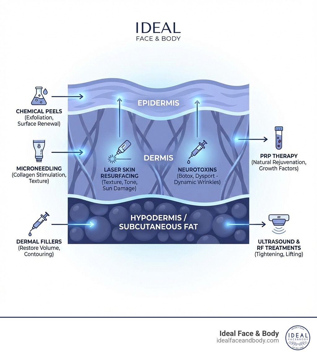 infographic explaining the layers of the skin and how different non-surgical procedures at Ideal Face & Body target them - Non-surgical face procedures infographic infographic explaining the layers of the skin and how different non-surgical procedures at Ideal Face & Body target them - Non-surgical face procedures infographic