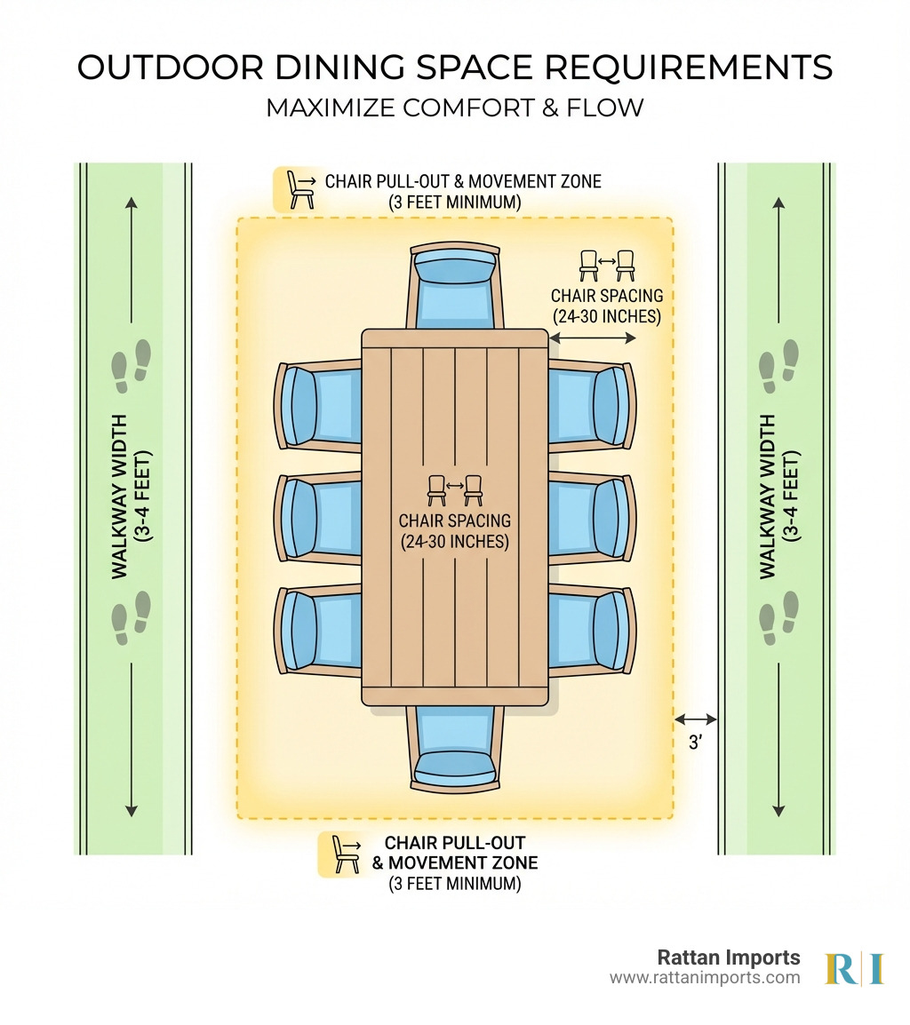 infographic showing outdoor dining space requirements with a bird's eye view of a dining table with 3-foot clearance zones marked on all sides, walkway widths of 3-4 feet, and chair spacing of 24-30 inches - how much space for outdoor dining infographic infographic showing outdoor dining space requirements with a bird's eye view of a dining table with 3-foot clearance zones marked on all sides, walkway widths of 3-4 feet, and chair spacing of 24-30 inches - how much space for outdoor dining infographic