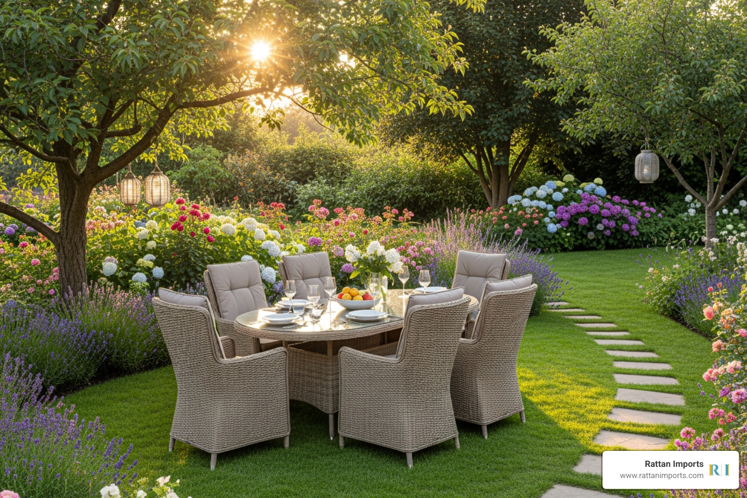 6-person oval rattan dining set in a garden setting - how much space for outdoor dining 6-person oval rattan dining set in a garden setting - how much space for outdoor dining