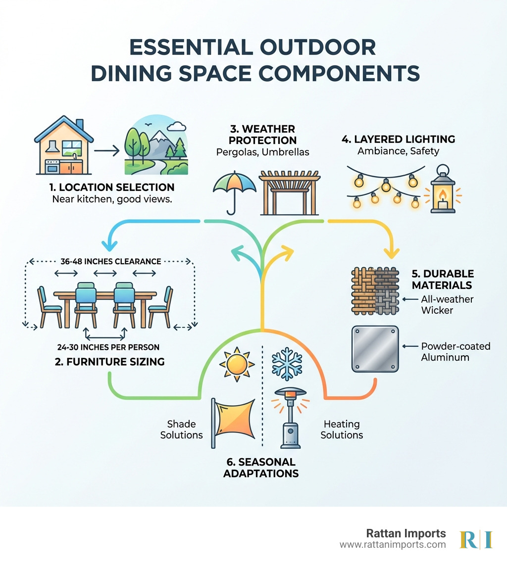 infographic showing the essential components of an outdoor dining space: location selection near the kitchen with good views, appropriate furniture sizing with 24-30 inches per person and 36-48 clearance, weather protection options including pergolas and umbrellas, layered lighting for ambiance, durable materials like all-weather wicker and powder-coated aluminum, and seasonal adaptations with heating and shade solutions - outdoor dining space infographic 