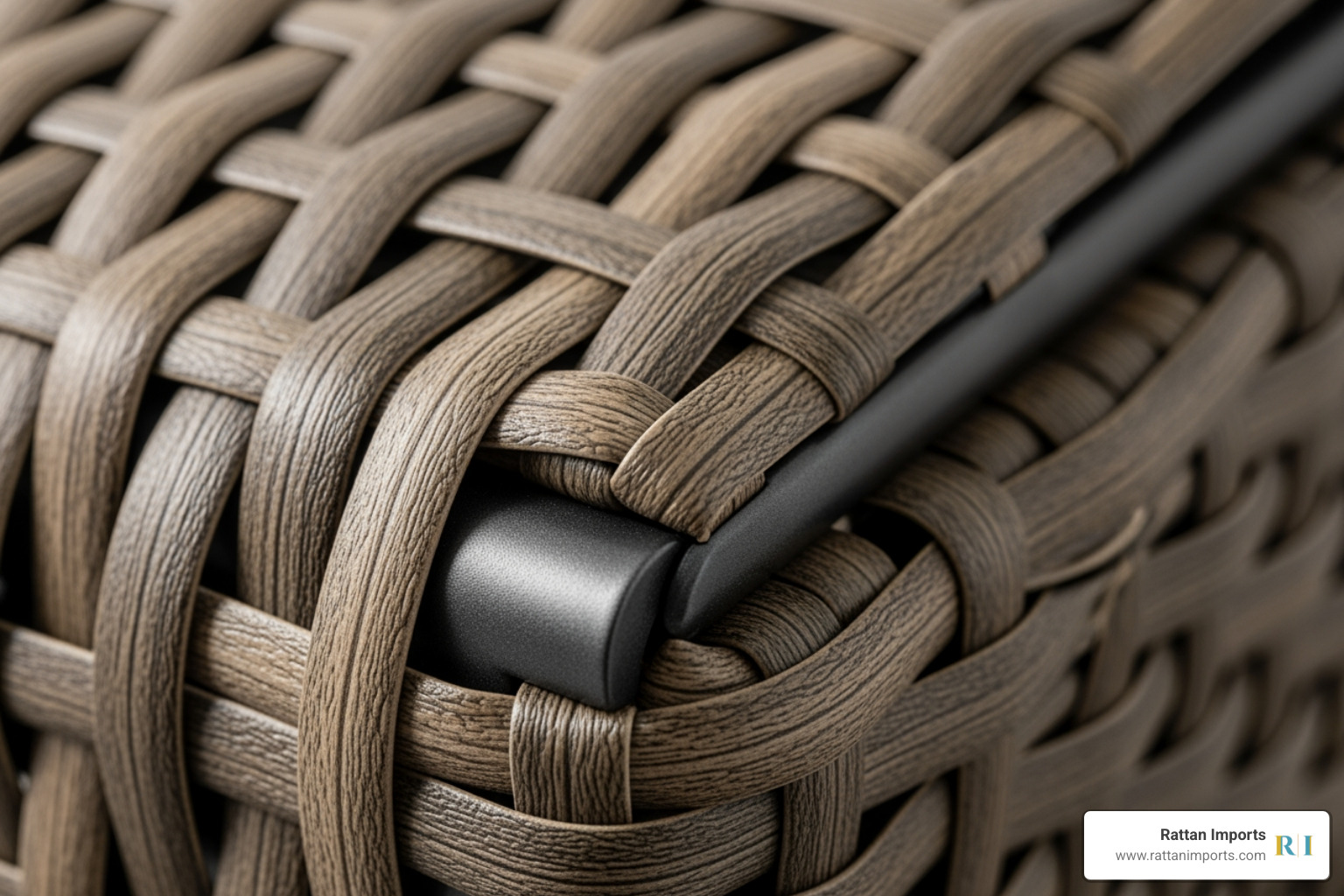 close-up of PE rattan weave and aluminum frame - rattan corner sofa with rising table close-up of PE rattan weave and aluminum frame - rattan corner sofa with rising table