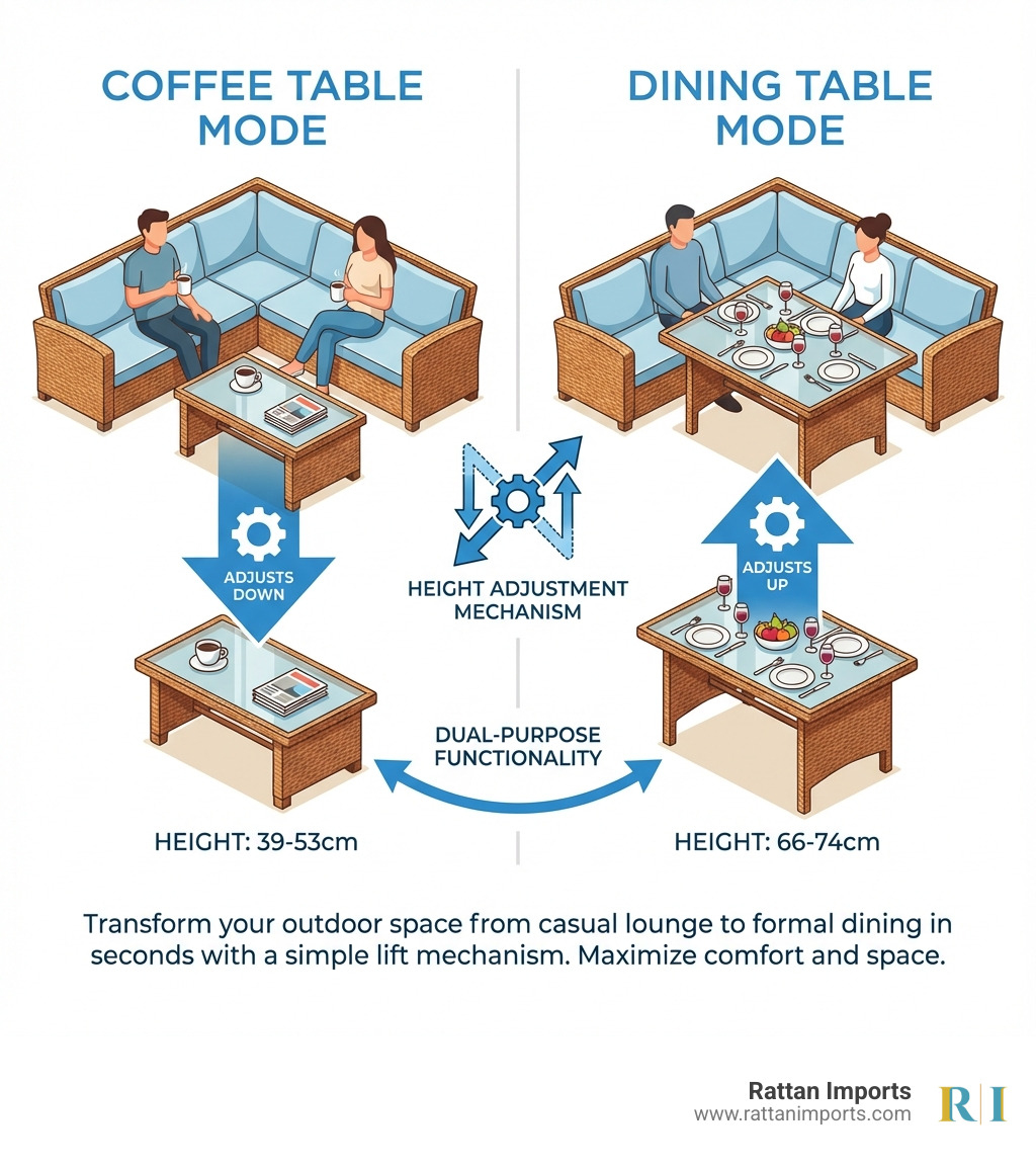 Infographic showing a rattan corner sofa with rising table in two configurations: left side shows the table lowered to 39-53cm height for casual coffee use with people seated comfortably on cushions, right side shows the same table raised to 66-74cm height for formal dining with place settings and people dining, with arrows indicating the height adjustment mechanism and labels for both coffee table mode and dining table mode - rattan corner sofa with rising table infographic Infographic showing a rattan corner sofa with rising table in two configurations: left side shows the table lowered to 39-53cm height for casual coffee use with people seated comfortably on cushions, right side shows the same table raised to 66-74cm height for formal dining with place settings and people dining, with arrows indicating the height adjustment mechanism and labels for both coffee table mode and dining table mode - rattan corner sofa with rising table infographic