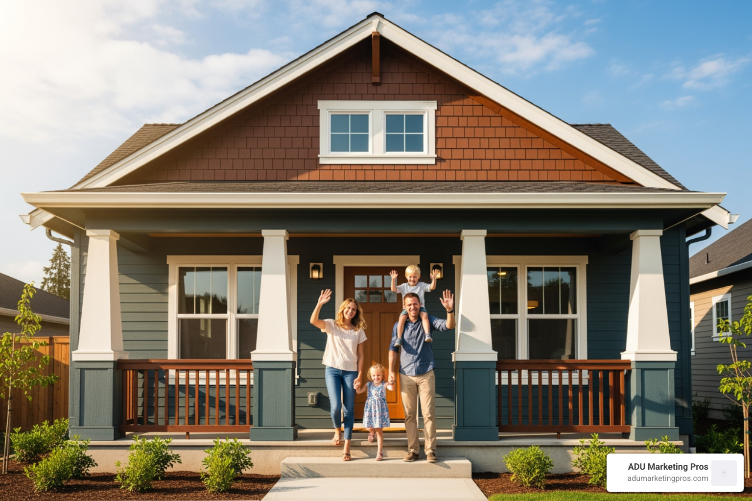A happy family waving from the porch of their new craftsman-style ADU - adu design san diego A happy family waving from the porch of their new craftsman-style ADU - adu design san diego