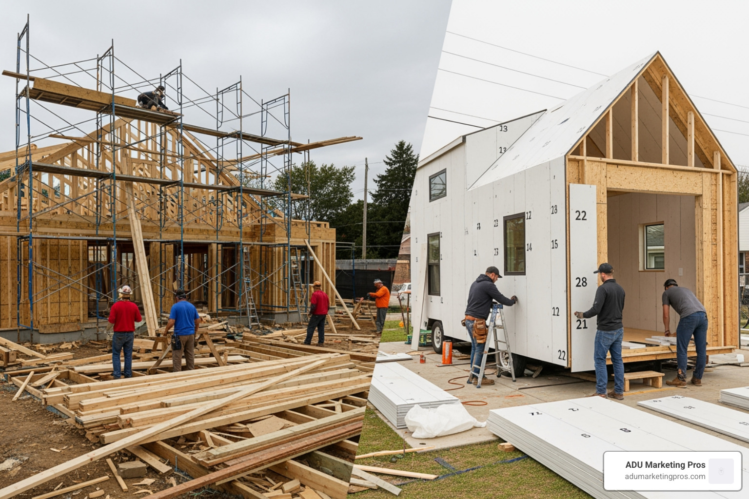 Image showing a side-by-side comparison of a complex traditional home construction site versus a clean, organized tiny house kit assembly - Tiny house kits