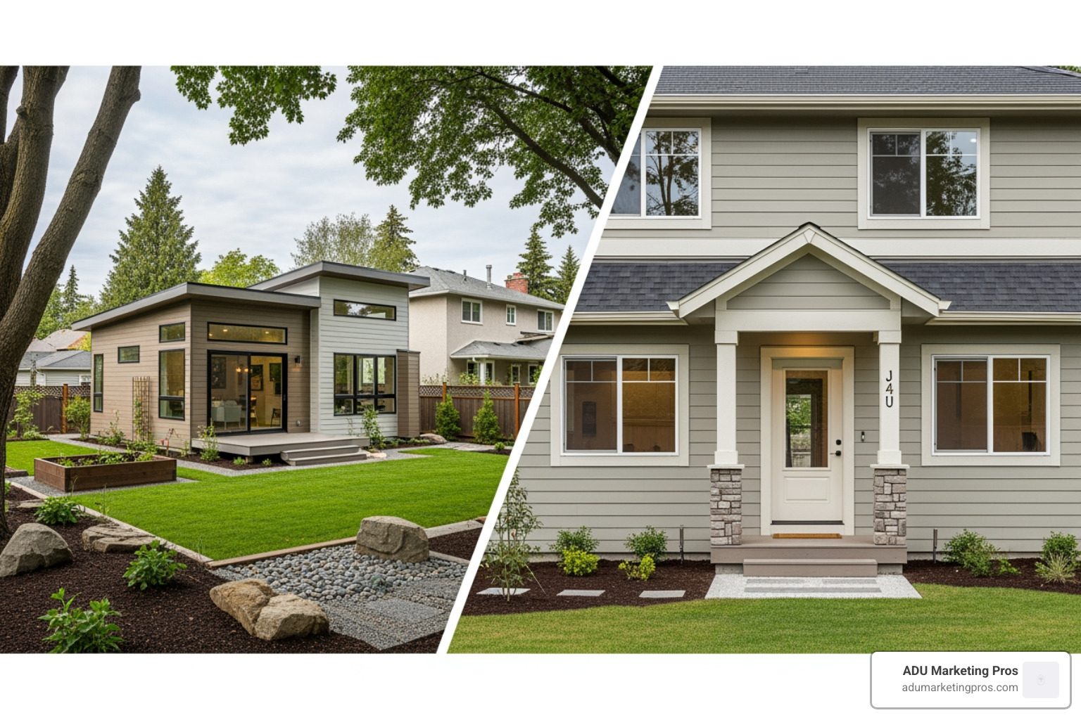 Split-screen graphic comparing a larger detached ADU on one side and a smaller, integrated JADU on the other - baldwin park adu requirements