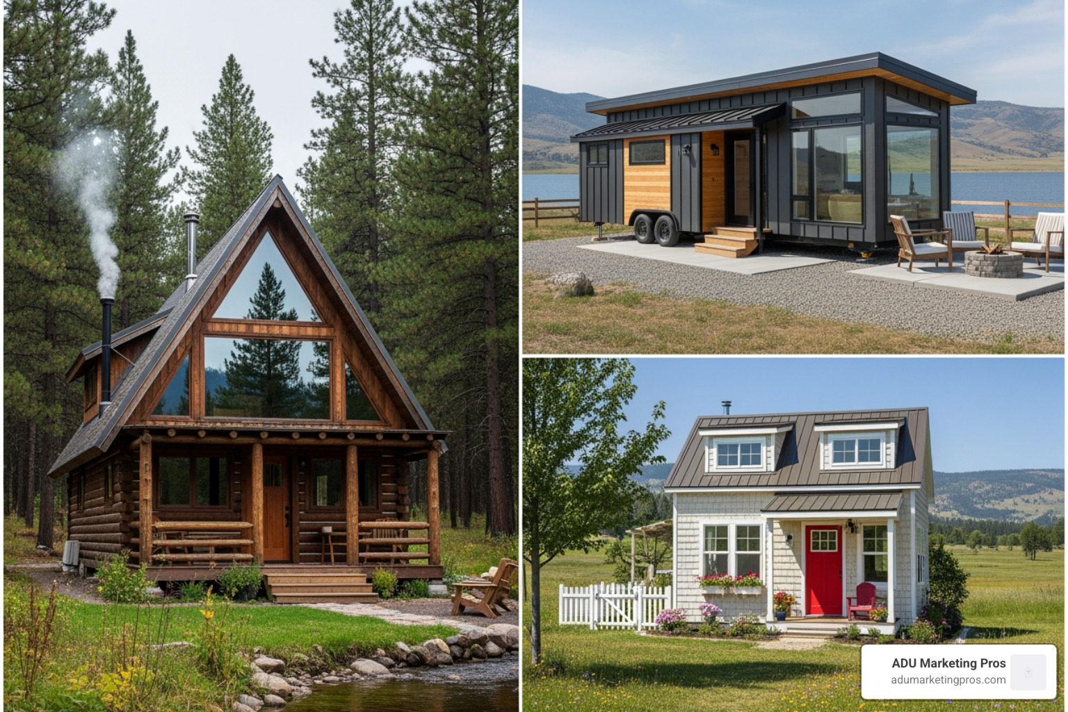 Image of a collage showcasing different tiny house kit styles: a rustic A-frame, a sleek modern design, and a charming cottage - Tiny house kits