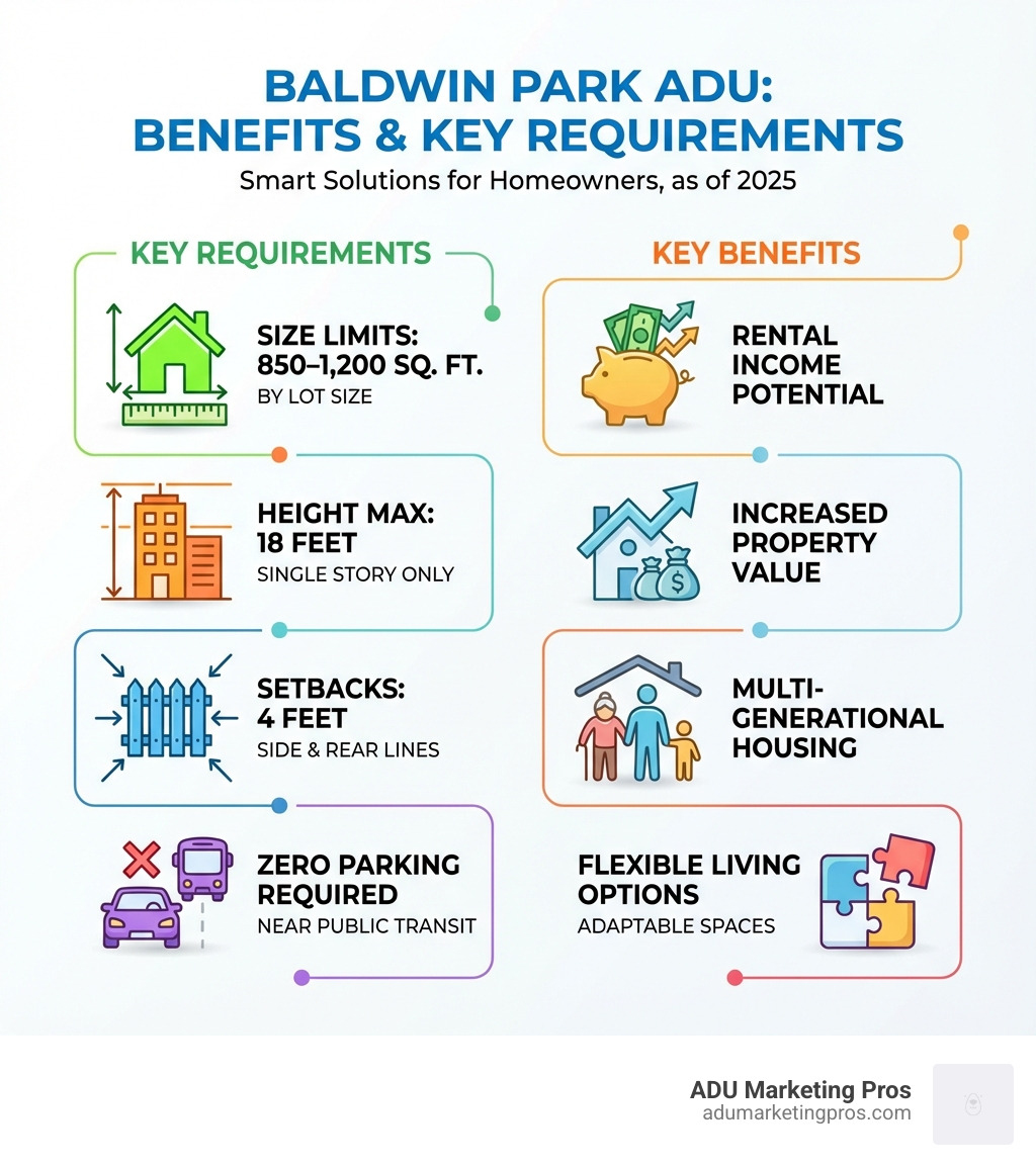 Infographic showing Baldwin Park ADU benefits including size limits by lot size (850-1,200 sq ft), 18-foot height maximum, 4-foot setbacks, zero parking requirements, rental income potential, increased property value, and multi-generational housing options, with icons for each requirement - baldwin park adu requirements infographic 