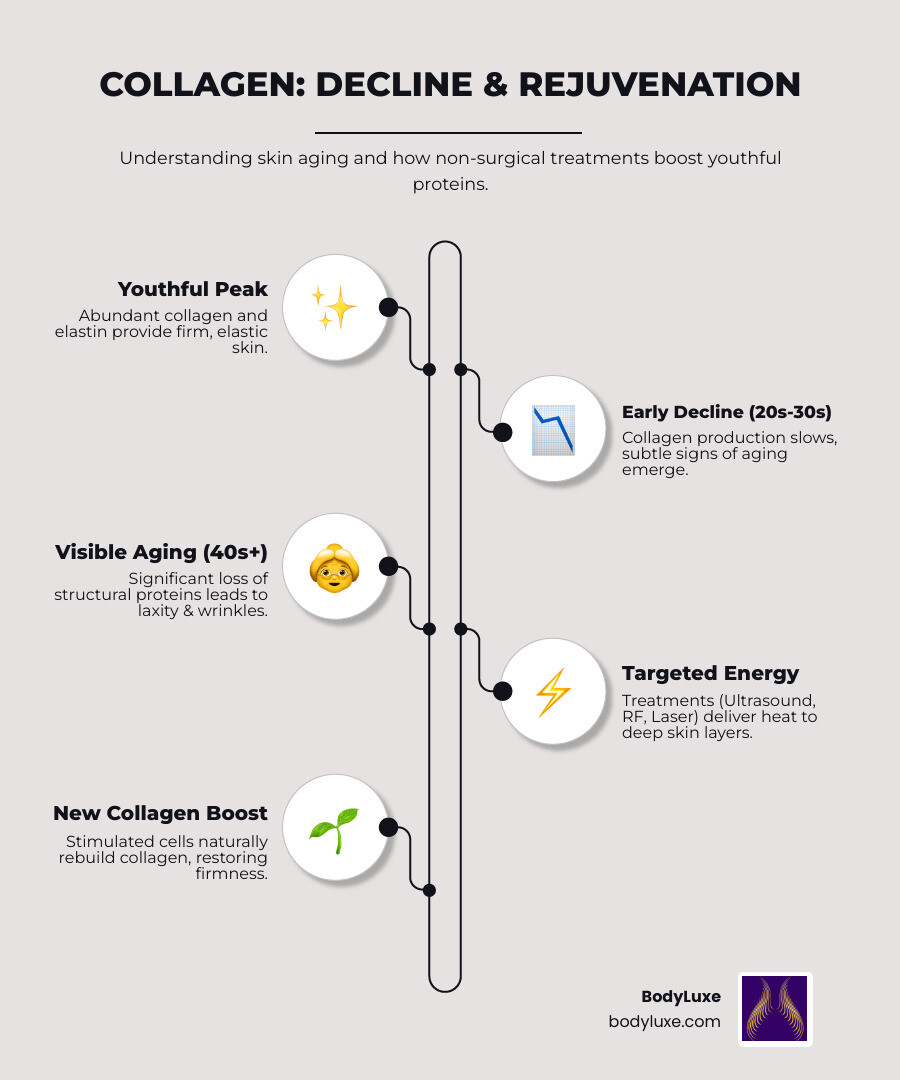infographic showing collagen decline by age and how ultrasound radiofrequency and laser treatments stimulate new collagen production - Skin Tightening & Non-Surgical Rejuvenation infographic infographic-line-5-steps-elegant_beige