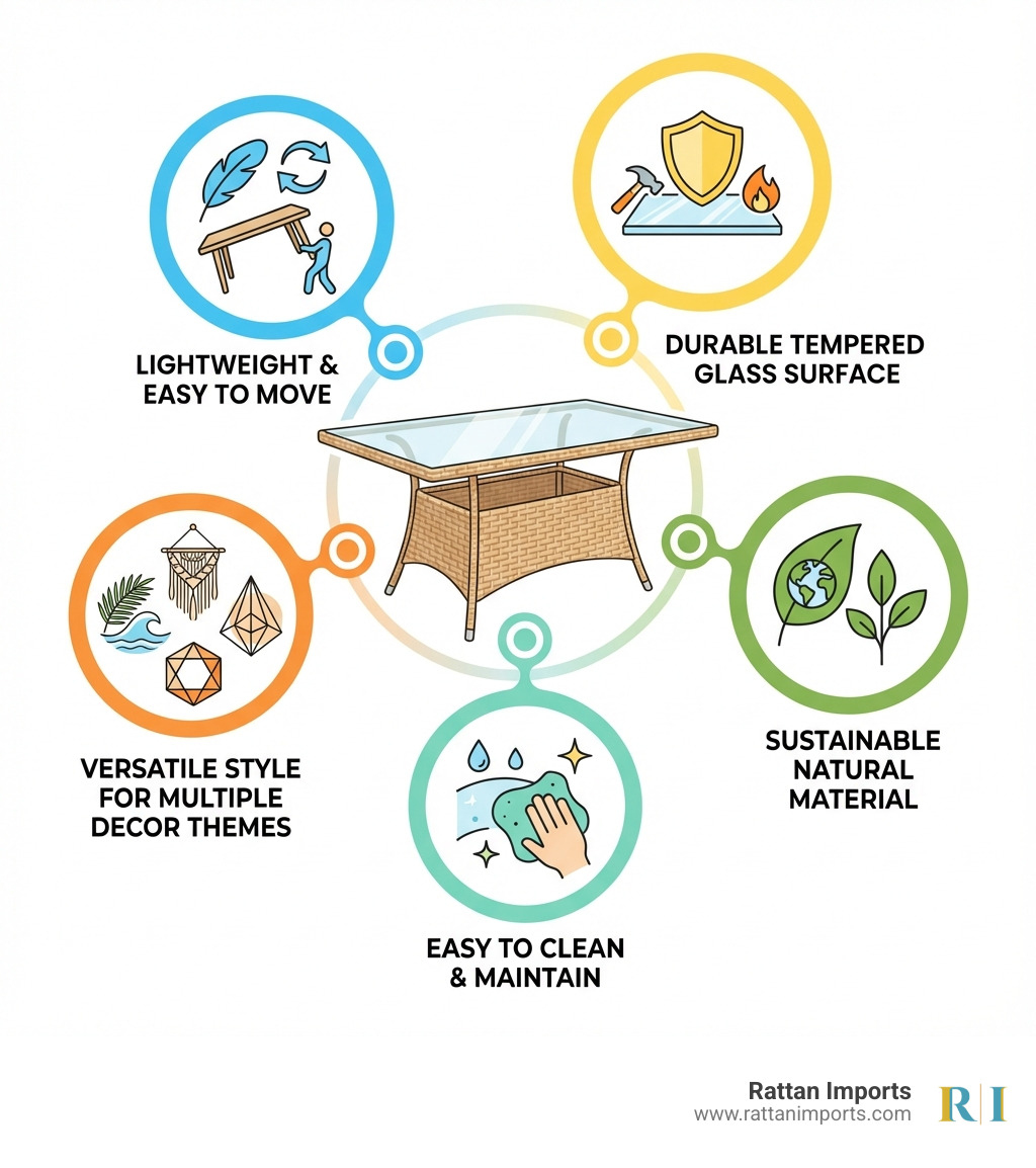 Infographic showing five key benefits of a rattan dining table with glass top: 1) Lightweight and Easy to Move, 2) Durable Tempered Glass Surface, 3) Sustainable Natural Material, 4) Easy to Clean and Maintain, 5) Versatile Style for Multiple Decor Themes - rattan dining table with glass top infographic 