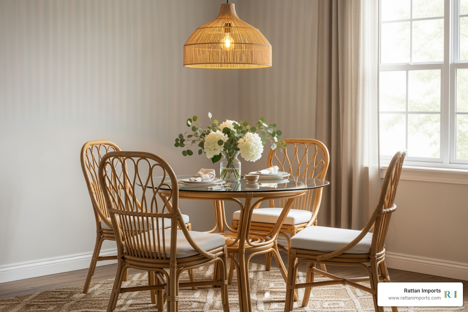 A elegantly styled dining room featuring a round rattan dining table with glass top, surrounded by matching rattan chairs, with a simple floral centerpiece and soft lighting - rattan dining table with glass top