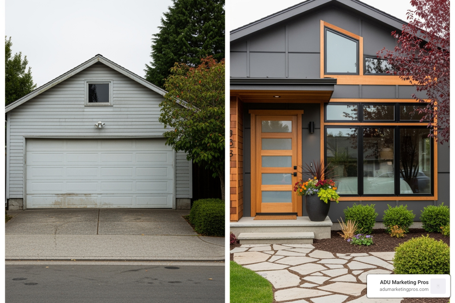 stylish garage conversion ADU, showing the before and after - what does adu stand for in real estate