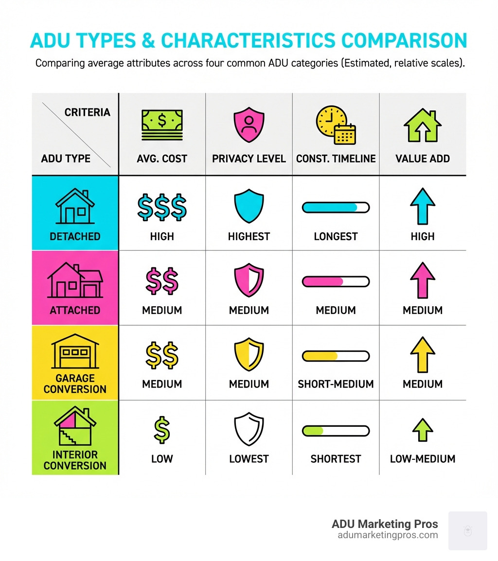 TABLE comparing Detached, Attached, Garage Conversion, and Interior Conversion ADUs on average cost, privacy level, construction timeline, and value add - what does adu stand for in real estate infographic 