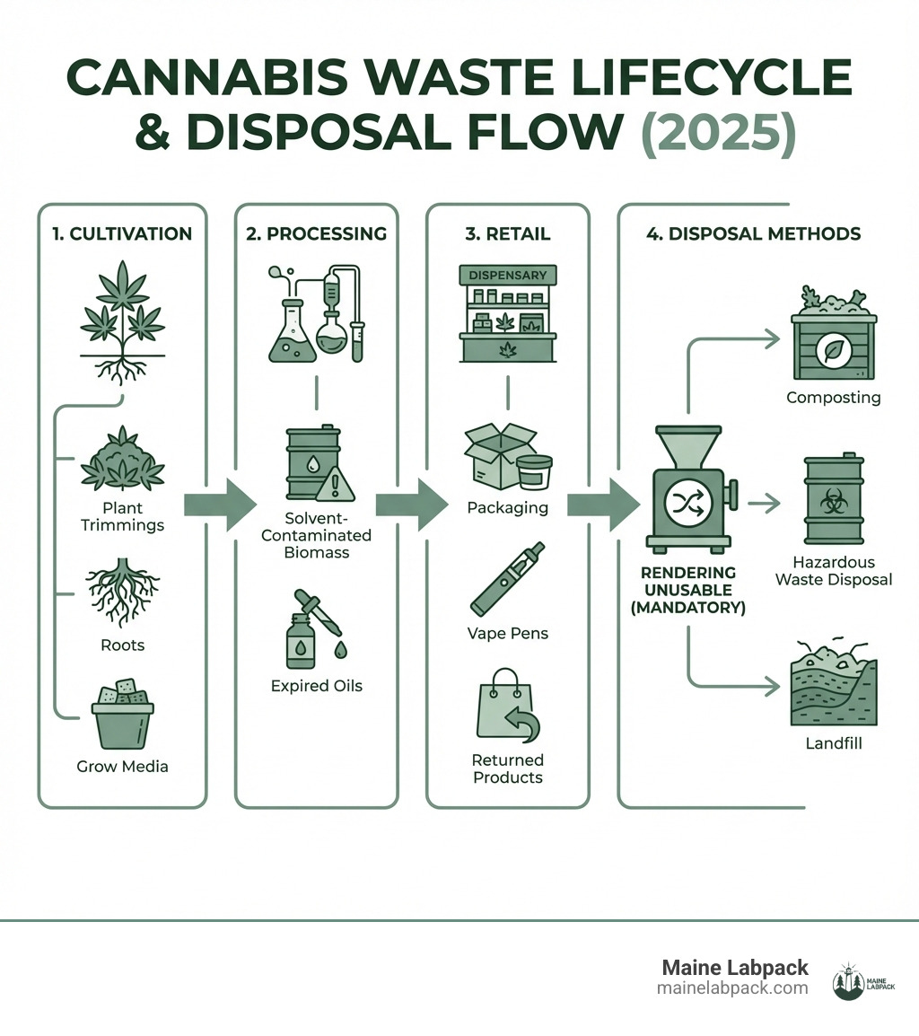 infographic showing the complete cannabis waste lifecycle from cultivation (plant trimmings, roots, grow media) through processing (solvent-contaminated biomass, expired oils) to retail (packaging, vape pens, returned products) and finally to disposal methods (rendering unusable, composting, hazardous waste disposal, and landfill) - cannabis waste management infographic infographic showing the complete cannabis waste lifecycle from cultivation (plant trimmings, roots, grow media) through processing (solvent-contaminated biomass, expired oils) to retail (packaging, vape pens, returned products) and finally to disposal methods (rendering unusable, composting, hazardous waste disposal, and landfill) - cannabis waste management infographic