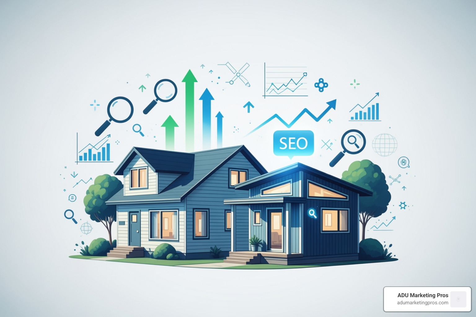 A magnifying glass over a map of California, highlighting keywords like "ADU builder" and "granny flat costs" - ADU SEO services