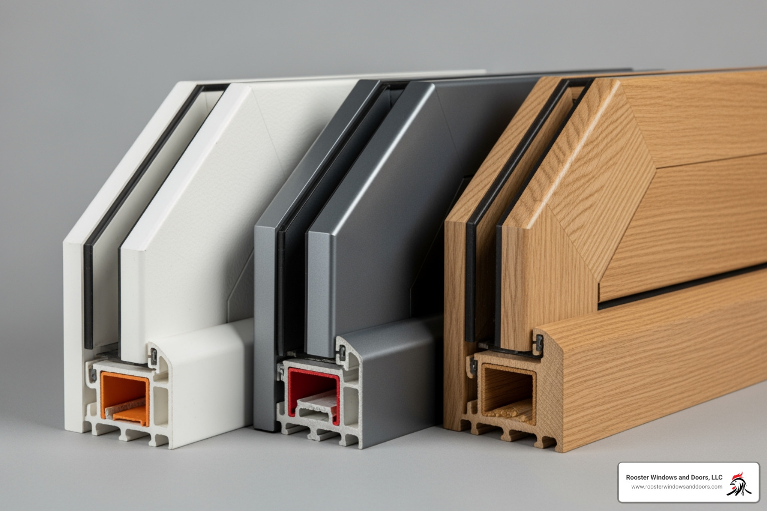 Various window materials including uPVC, aluminum, and traditional wood, displayed side-by-side to showcase their different textures and finishes. - double glazing installers near me