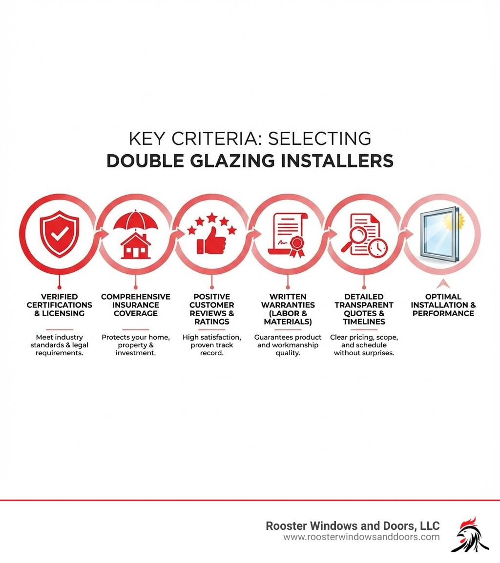 Infographic showing the five key criteria for selecting double glazing installers: verified certifications and licensing, comprehensive insurance coverage, positive customer reviews and ratings, written warranties covering labor and materials, and detailed transparent quotes with project timelines - double glazing installers near me infographic 