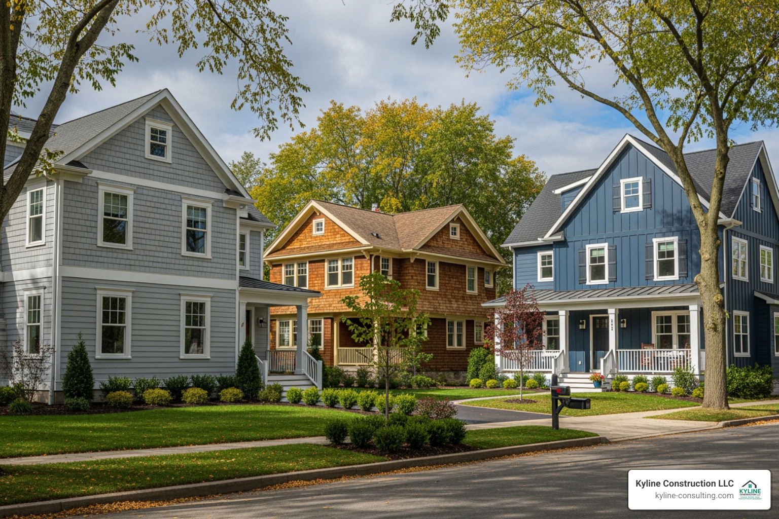 Different siding styles like clapboard, shake, and board & batten on various homes - Cleveland siding companies