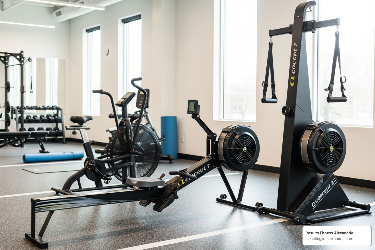 Various cardio equipment like a rower, ski-erg, and assault bike - Advanced cardio training