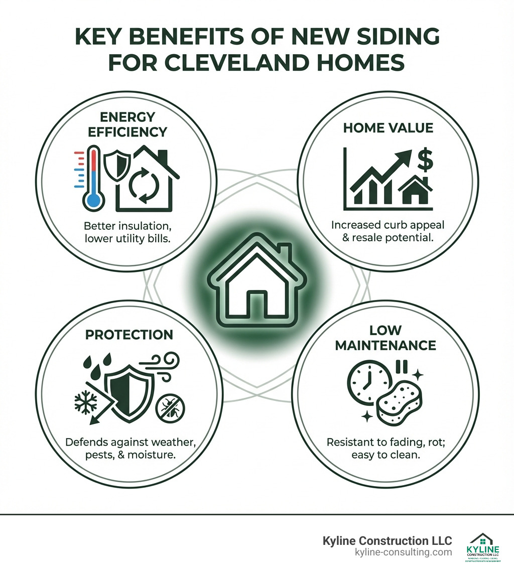 Infographic explaining the key benefits of new siding: energy efficiency, home value, protection, and low maintenance. - Cleveland siding companies infographic 