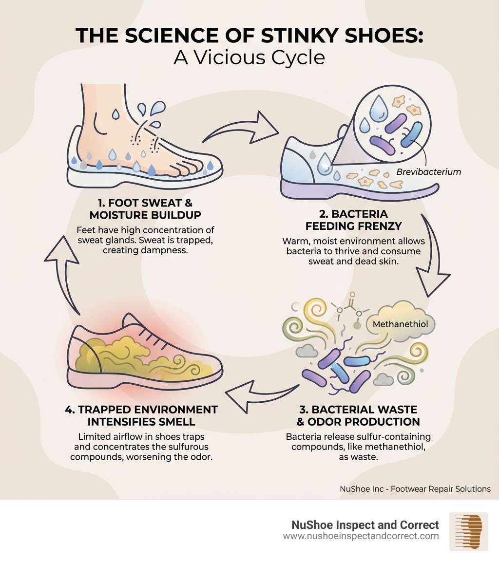 Infographic showing the cycle of foot sweat leading to moisture buildup in shoes, bacteria feeding on sweat and dead skin, bacterial waste producing odor compounds like methanethiol, and trapped environment intensifying smell - how do i get rid of smelly shoes infographic Infographic showing the cycle of foot sweat leading to moisture buildup in shoes, bacteria feeding on sweat and dead skin, bacterial waste producing odor compounds like methanethiol, and trapped environment intensifying smell - how do i get rid of smelly shoes infographic