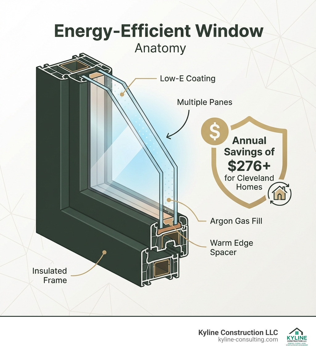 infographic showing the anatomy of an energy-efficient window with labels for Low-E coating, argon gas fill, insulated frame, multiple panes, and warm edge spacer, along with annual savings of $276+ for Cleveland homes - window companies cleveland infographic 