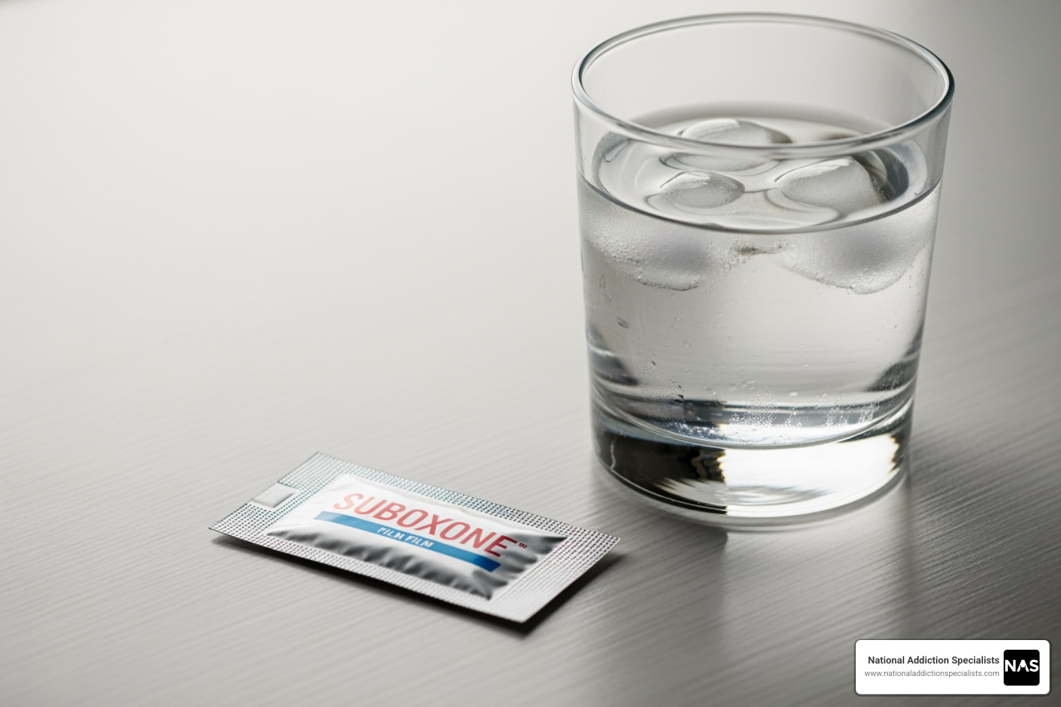 Suboxone film packet and glass of water - Suboxone for opioid use Suboxone film packet and glass of water - Suboxone for opioid use