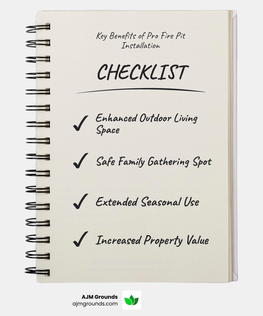 infographic showing key benefits of professional fire pit installation including enhanced outdoor living space, safe family gathering spot, extended seasonal use, increased property value, and professional safety compliance - Fire pit installation near me infographic checklist-notebook