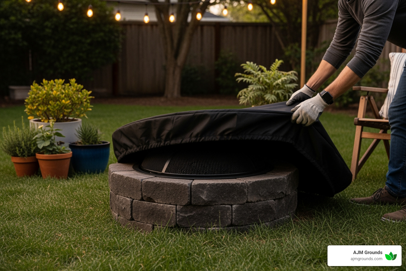 a person placing a protective cover over a fire pit - Fire pit installation near me