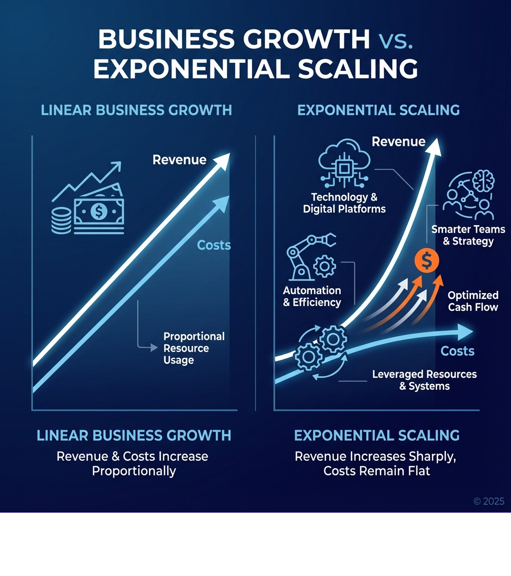 Infographic comparing linear business growth (where revenue and costs increase proportionally, shown as parallel upward lines) versus exponential scaling (where revenue increases sharply while costs remain relatively flat, shown as diverging lines with revenue rising steeply above a gradual cost curve). The infographic includes icons for key scaling elements: automation gears, team figures, technology symbols, and cash flow arrows. - business scaling solutions infographic Infographic comparing linear business growth (where revenue and costs increase proportionally, shown as parallel upward lines) versus exponential scaling (where revenue increases sharply while costs remain relatively flat, shown as diverging lines with revenue rising steeply above a gradual cost curve). The infographic includes icons for key scaling elements: automation gears, team figures, technology symbols, and cash flow arrows. - business scaling solutions infographic