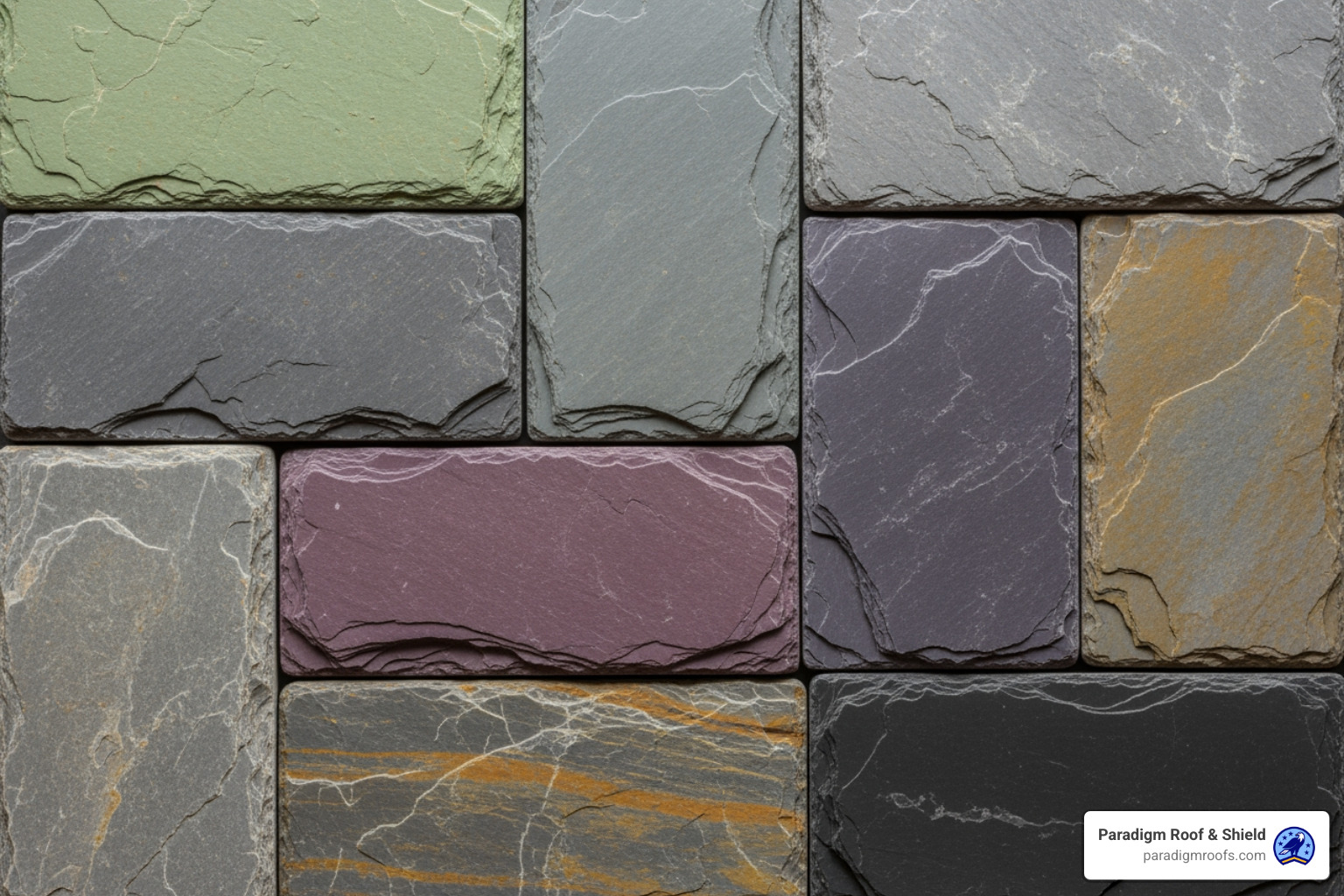 Image of various slate tiles showcasing different colors like unfading green, weathering grey, purple, and black. - slate roof specialists Image of various slate tiles showcasing different colors like unfading green, weathering grey, purple, and black. - slate roof specialists