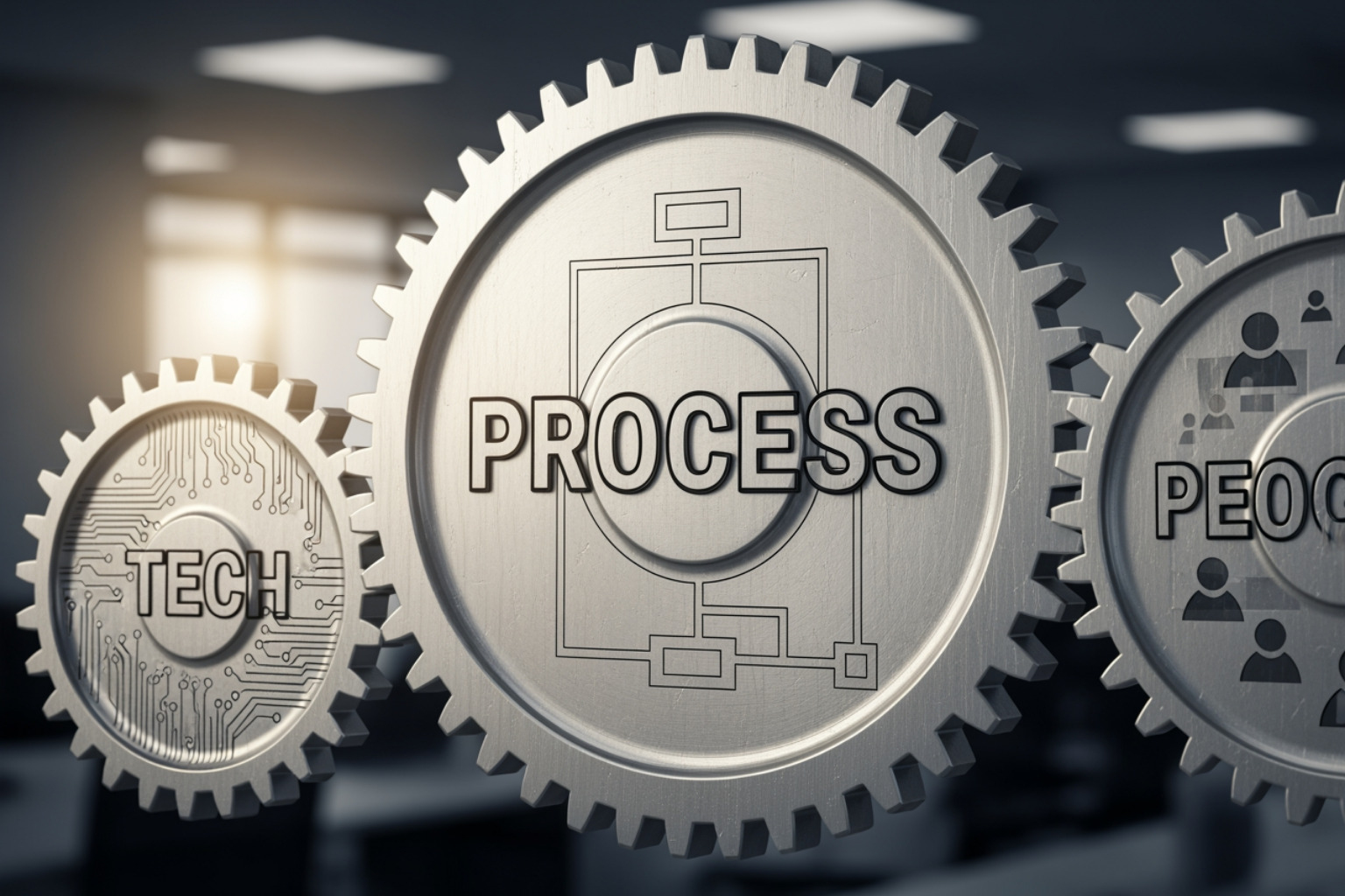 Interconnected gears labeled "Tech," "People," and "Process," symbolizing the collaborative elements essential for business scaling. - business scaling solutions Interconnected gears labeled "Tech," "People," and "Process," symbolizing the collaborative elements essential for business scaling. - business scaling solutions