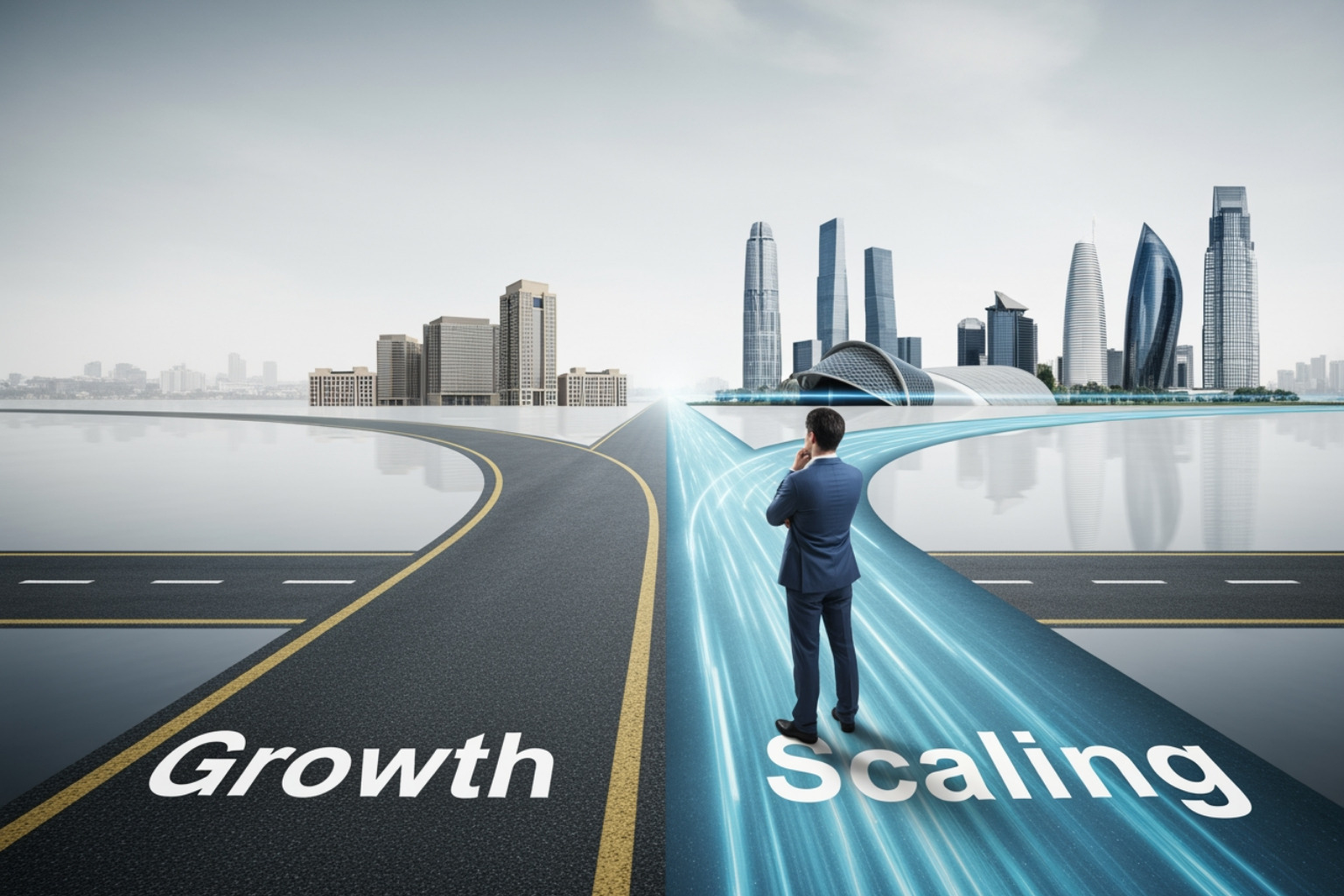 A business owner at a crossroads labeled "Grow" and "Scale", indicating a strategic decision point for business expansion. - business scaling solutions A business owner at a crossroads labeled "Grow" and "Scale", indicating a strategic decision point for business expansion. - business scaling solutions
