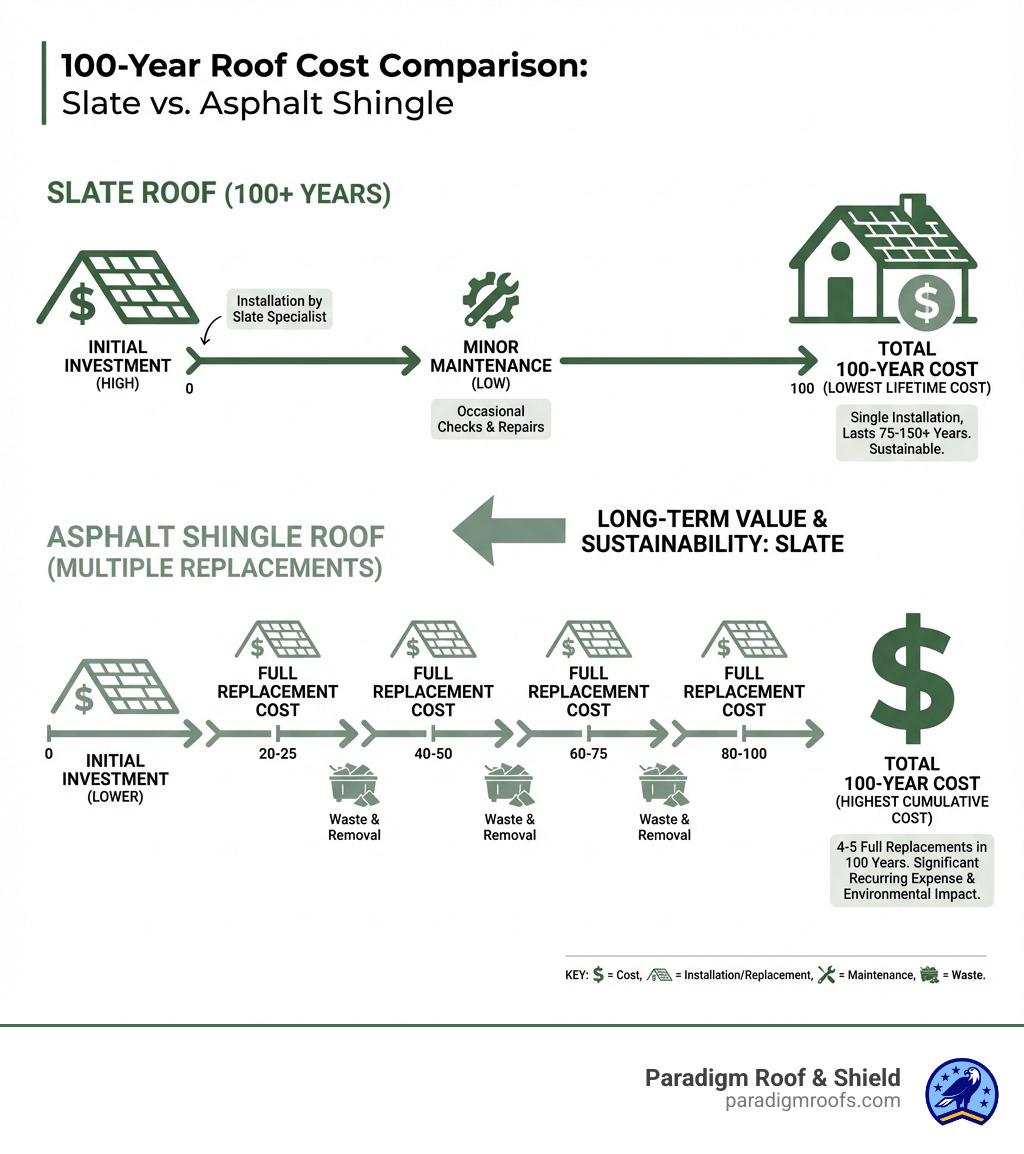 Infographic comparing the 100-year cost of a slate roof (one installation + minor maintenance) versus an asphalt shingle roof (4-5 full replacements). - slate roof specialists infographic Infographic comparing the 100-year cost of a slate roof (one installation + minor maintenance) versus an asphalt shingle roof (4-5 full replacements). - slate roof specialists infographic