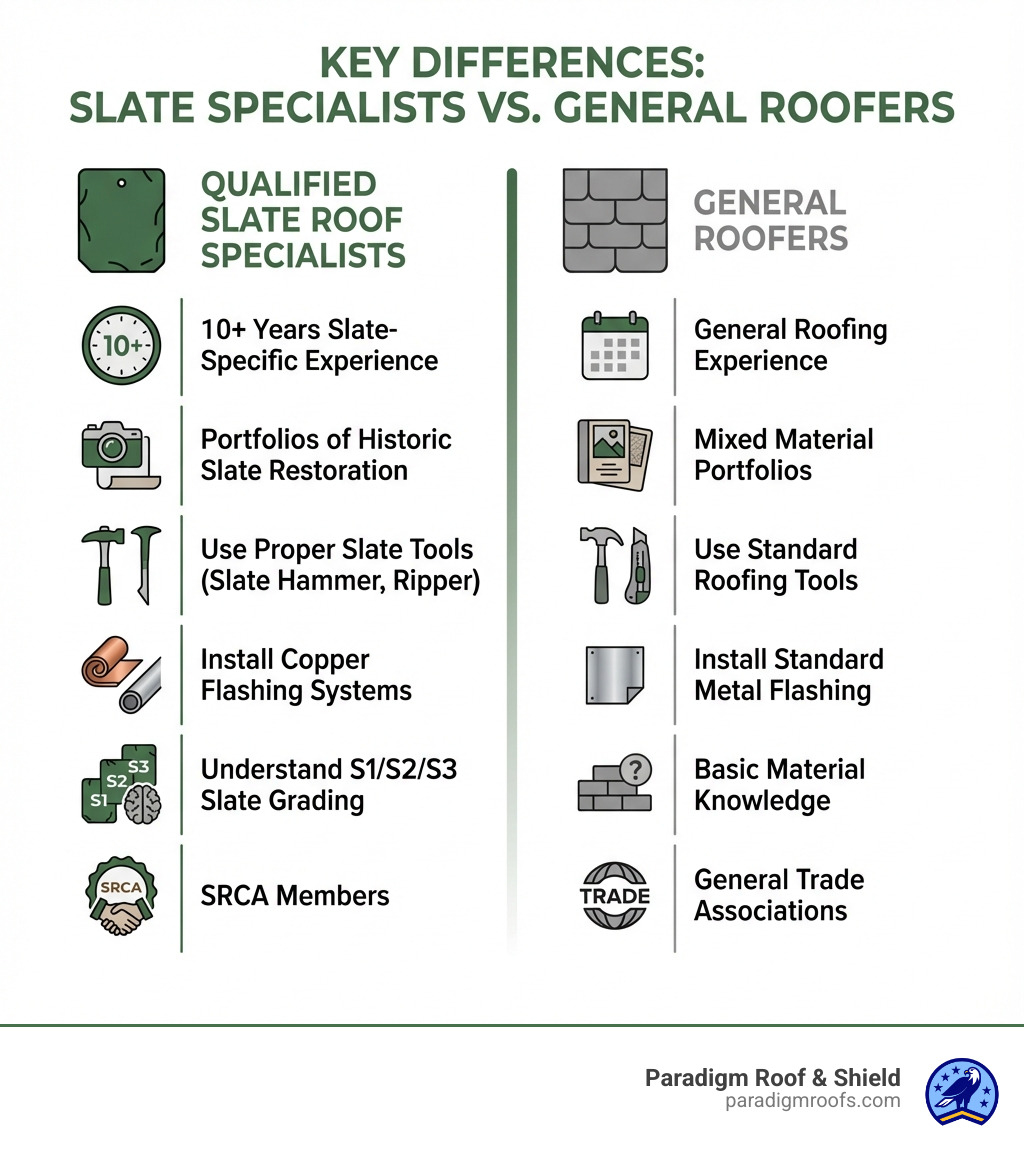 Infographic showing the key differences between qualified slate roof specialists and general roofers: Slate specialists have 10+ years slate-specific experience vs. general experience, maintain portfolios of historic slate restoration vs. mixed material portfolios, use proper slate tools (slate hammer, ripper) vs. standard roofing tools, install copper flashing systems vs. standard metal flashing, understand S1/S2/S3 slate grading vs. basic material knowledge, and are SRCA members vs. general trade associations - slate roof specialists infographic Infographic showing the key differences between qualified slate roof specialists and general roofers: Slate specialists have 10+ years slate-specific experience vs. general experience, maintain portfolios of historic slate restoration vs. mixed material portfolios, use proper slate tools (slate hammer, ripper) vs. standard roofing tools, install copper flashing systems vs. standard metal flashing, understand S1/S2/S3 slate grading vs. basic material knowledge, and are SRCA members vs. general trade associations - slate roof specialists infographic
