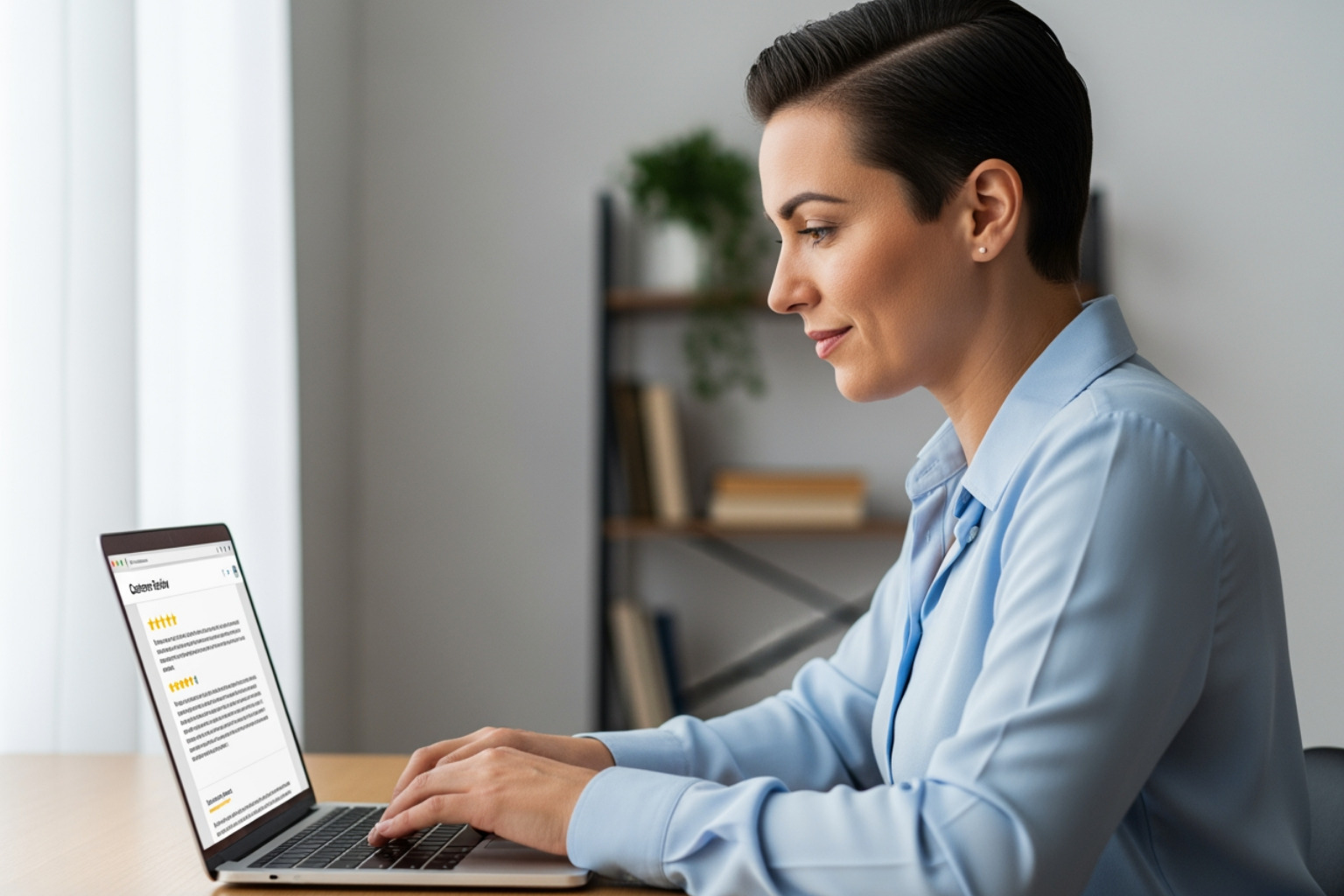 Person calmly responding to a negative review on a laptop, demonstrating professional and empathetic online customer service - online reputation building Person calmly responding to a negative review on a laptop, demonstrating professional and empathetic online customer service - online reputation building