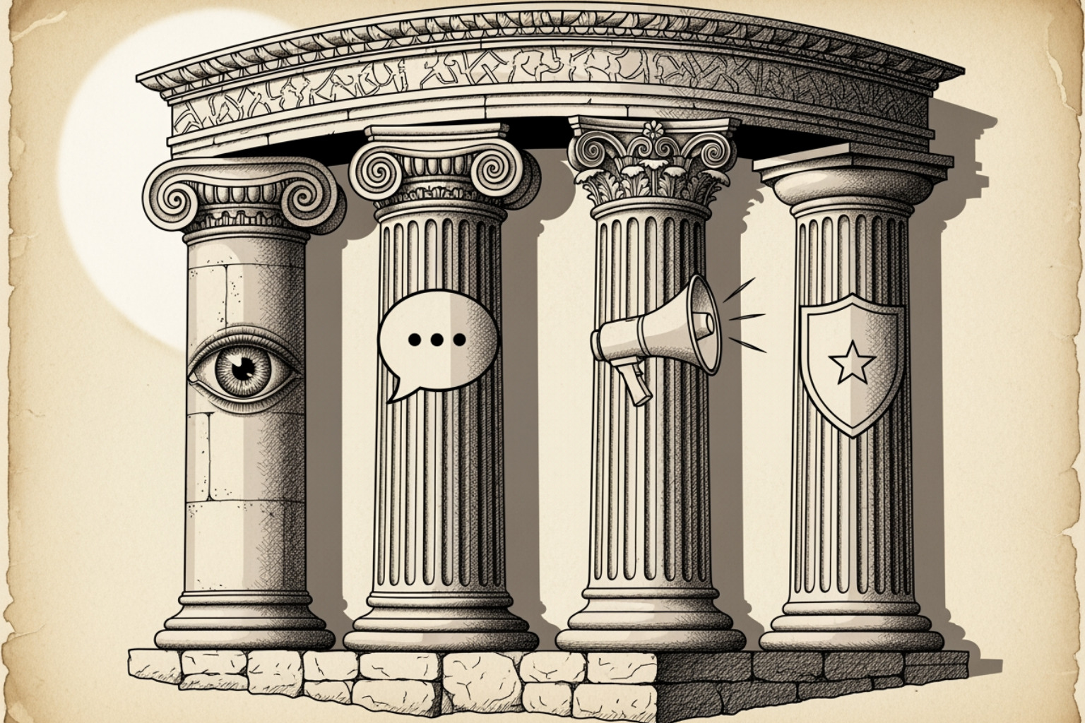 Diagram illustrating the four core pillars of Online Reputation Management: Proactive Monitoring & Listening (eye icon), Strategic Response & Engagement (speech bubble icon), Positive Content Amplification (megaphone icon), and Crisis Preparedness & Mitigation (shield icon) - online reputation building Diagram illustrating the four core pillars of Online Reputation Management: Proactive Monitoring & Listening (eye icon), Strategic Response & Engagement (speech bubble icon), Positive Content Amplification (megaphone icon), and Crisis Preparedness & Mitigation (shield icon) - online reputation building