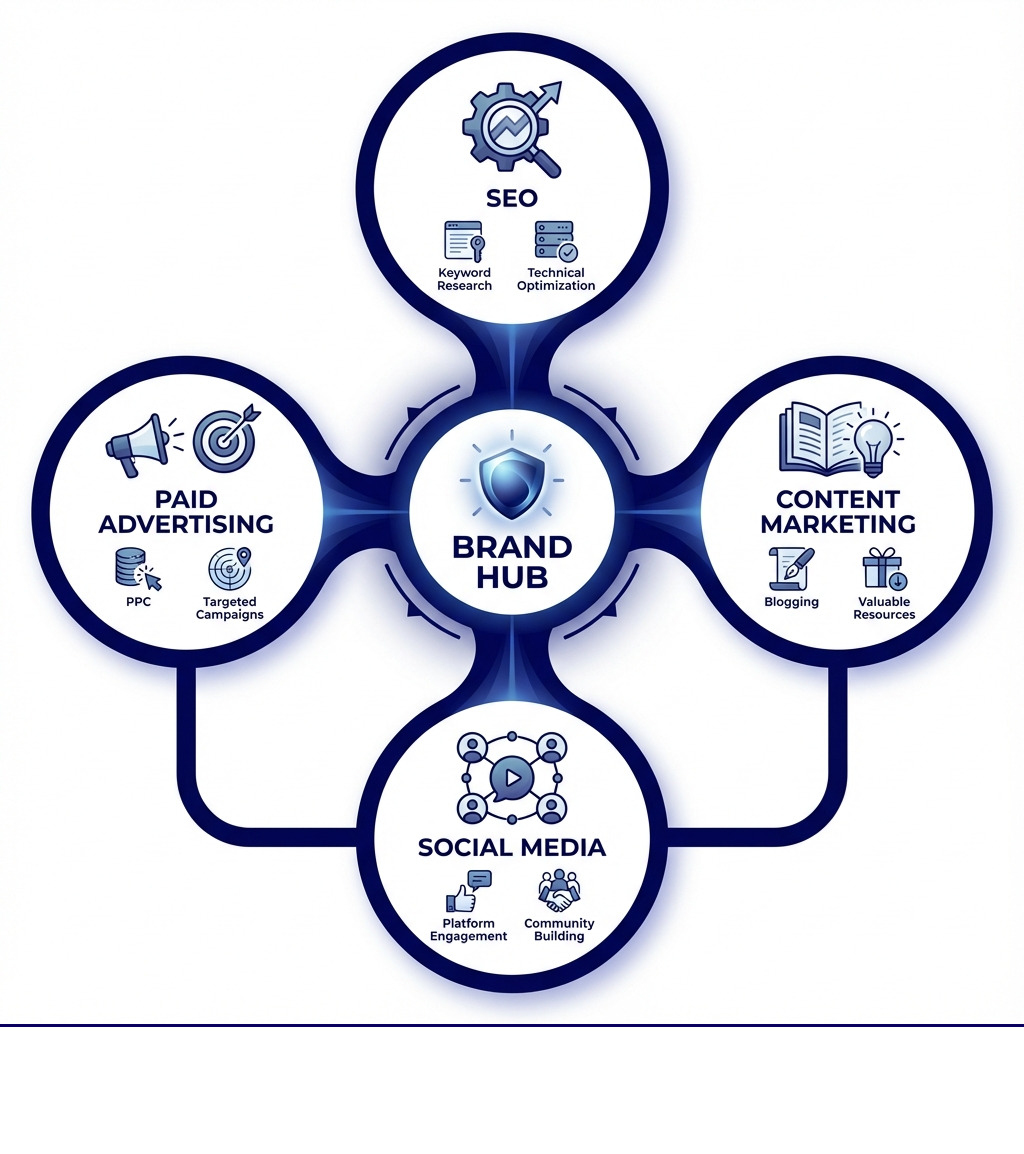 Infographic showing the four core pillars of online visibility: SEO (search engine optimization with keyword research and technical optimization), Content Marketing (blogging and valuable resources), Social Media (platform engagement and community building), and Paid Advertising (PPC and targeted campaigns), all connecting to a central brand hub - online visibility boost infographic 