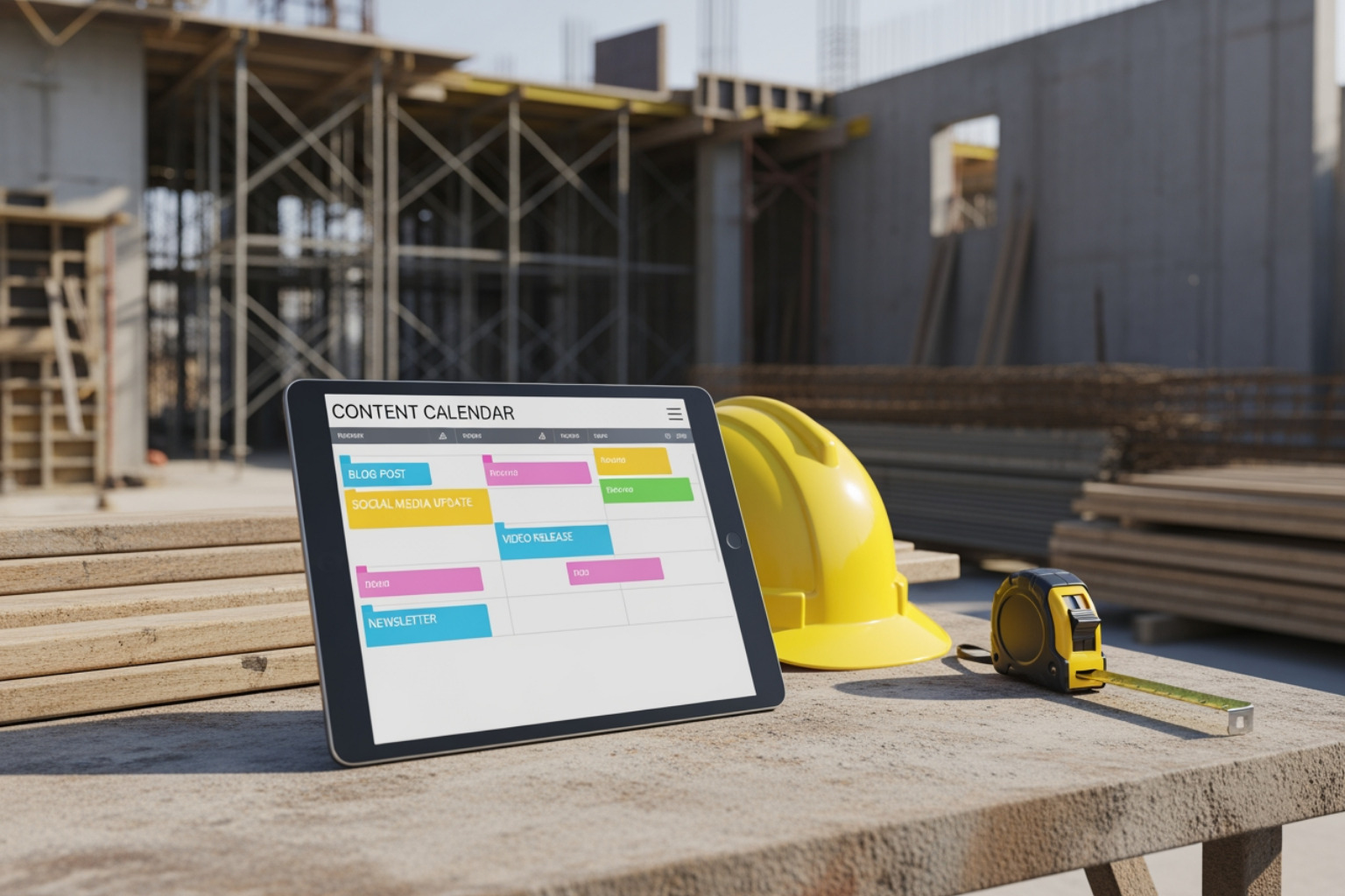 content calendar on a tablet at a construction site - construction company content