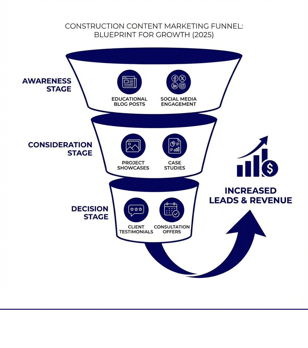 infographic showing the content marketing funnel for construction companies: awareness stage with educational blog posts and social media, consideration stage with project showcases and case studies, decision stage with testimonials and consultation offers, leading to increased leads and revenue - construction company content infographic 