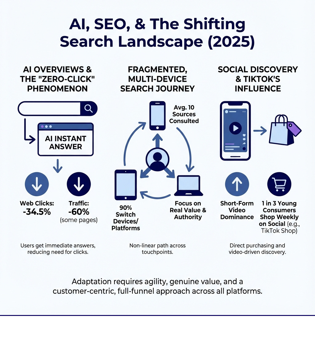 Infographic showing the impact of AI on SEO and search behavior, including AI Overviews and TikTok's influence - online marketing experts infographic 