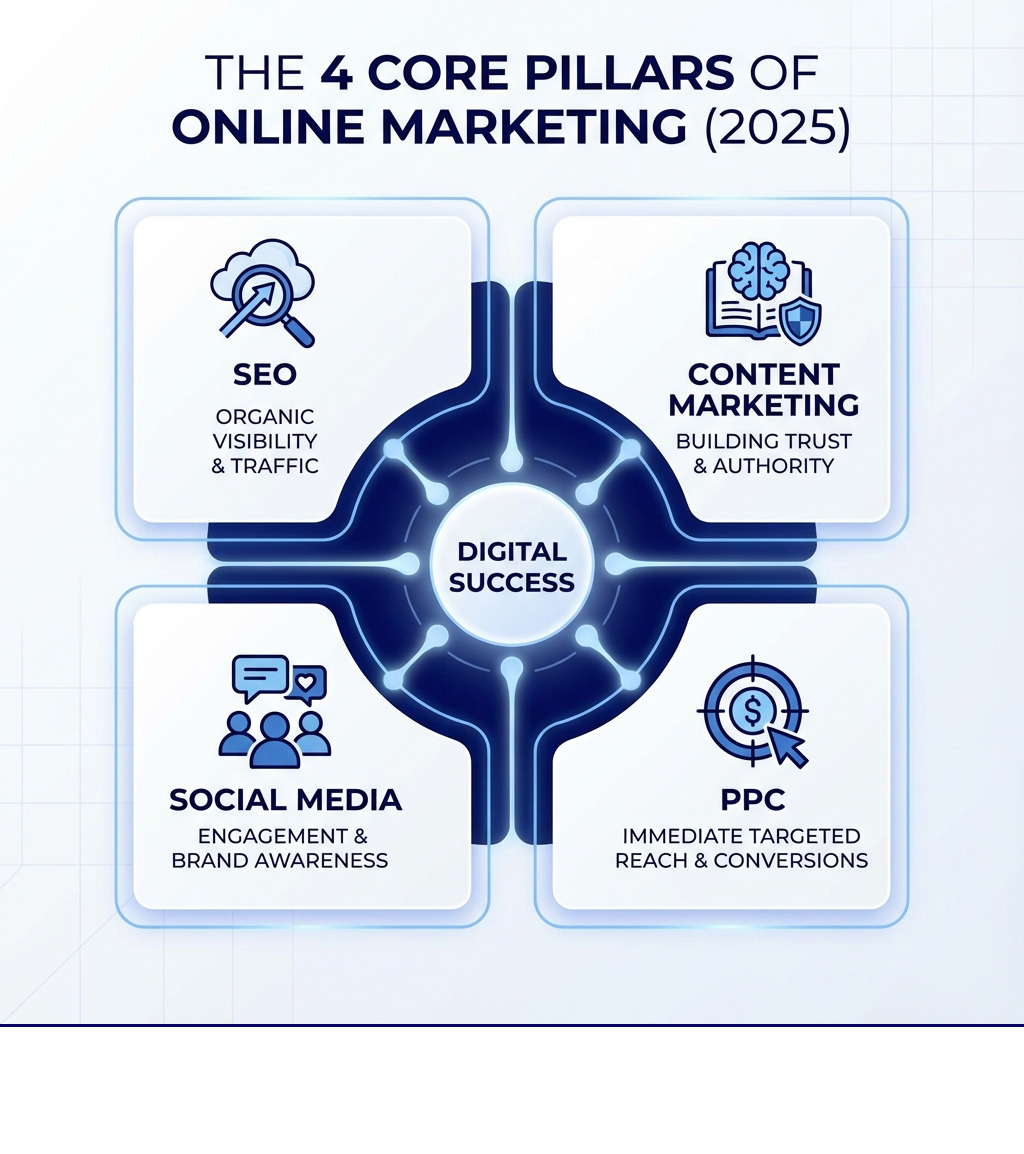 Infographic showing the four core pillars of online marketing: SEO for organic visibility and traffic, Content Marketing for building trust and authority, Social Media for engagement and brand awareness, and PPC for immediate targeted reach and conversions - online marketing experts infographic 