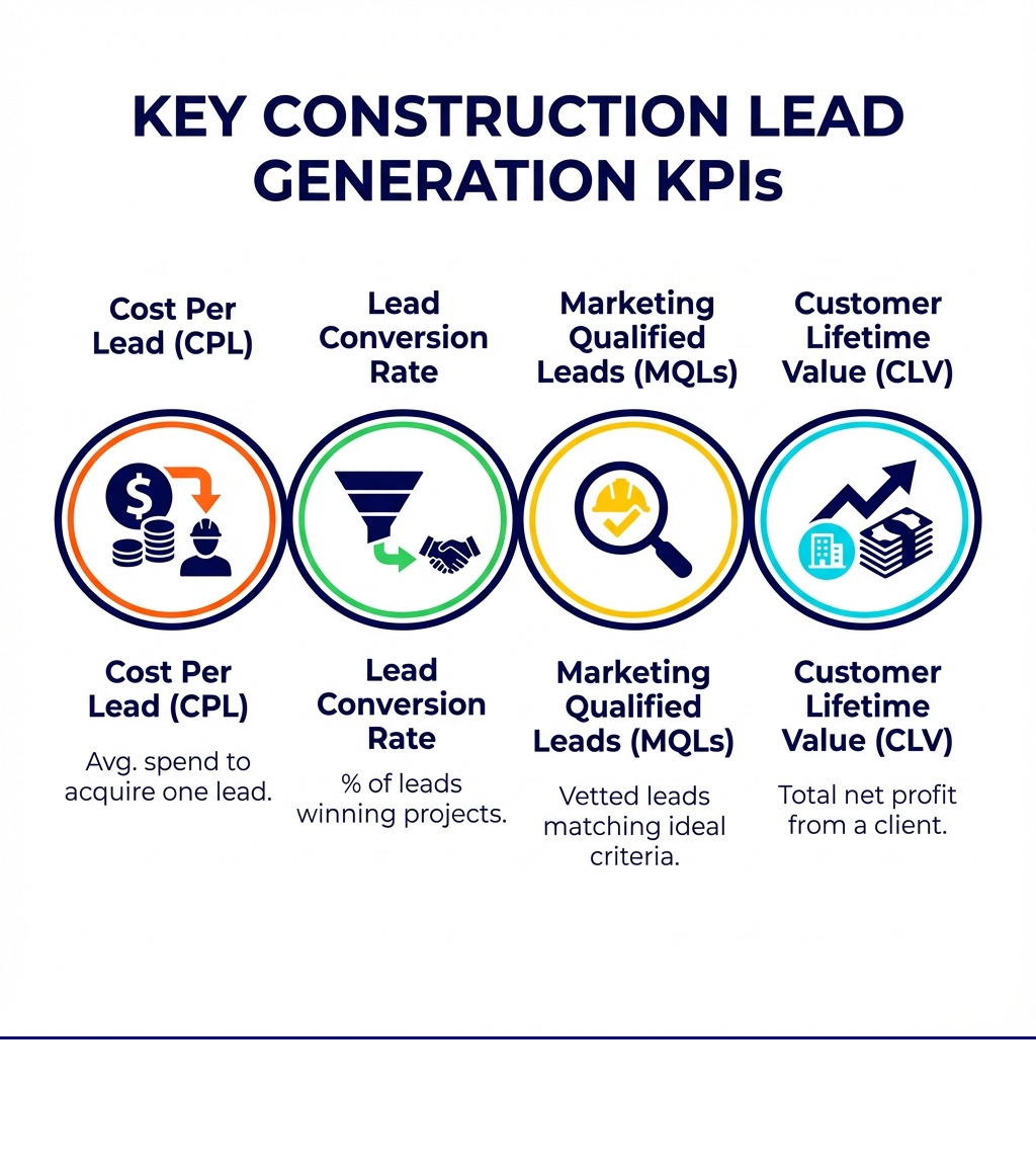 infographic showing key lead generation KPIs like CPL, conversion rate, MQLs, and CLV - construction lead generation infographic 