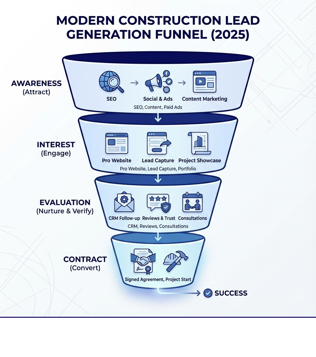 infographic showing the modern construction lead generation funnel from awareness to contract - construction lead generation infographic 