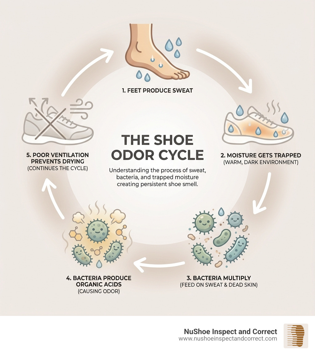 Infographic showing the shoe odor cycle: feet produce sweat, moisture gets trapped in shoes creating warm dark environment, bacteria multiply feeding on sweat and dead skin, bacteria produce organic acids causing odor, poor ventilation prevents drying and continues the cycle - odor removal shoes infographic Infographic showing the shoe odor cycle: feet produce sweat, moisture gets trapped in shoes creating warm dark environment, bacteria multiply feeding on sweat and dead skin, bacteria produce organic acids causing odor, poor ventilation prevents drying and continues the cycle - odor removal shoes infographic
