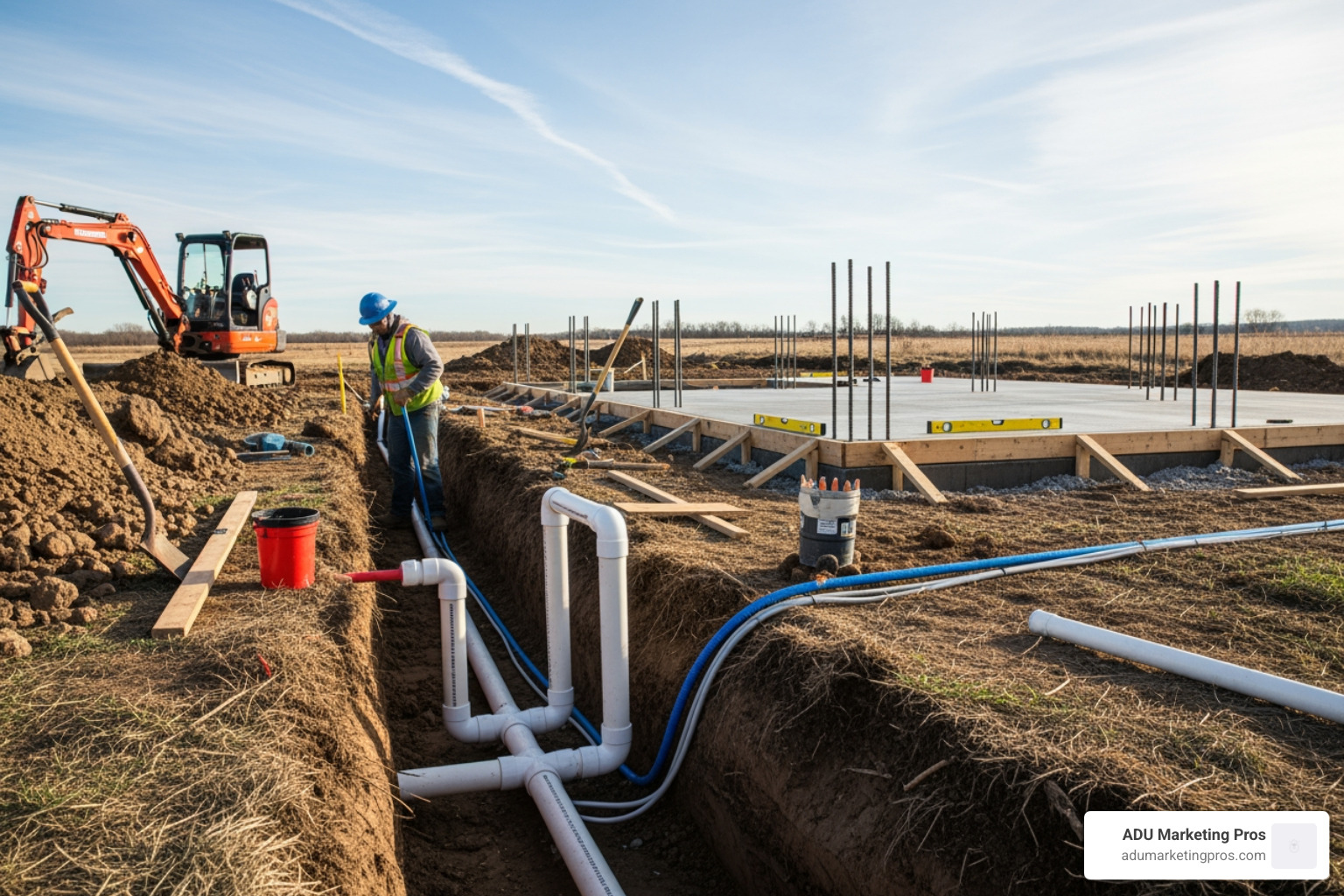 plot of land with utility hookups being installed, with a tiny home foundation in the background - Tiny home financing