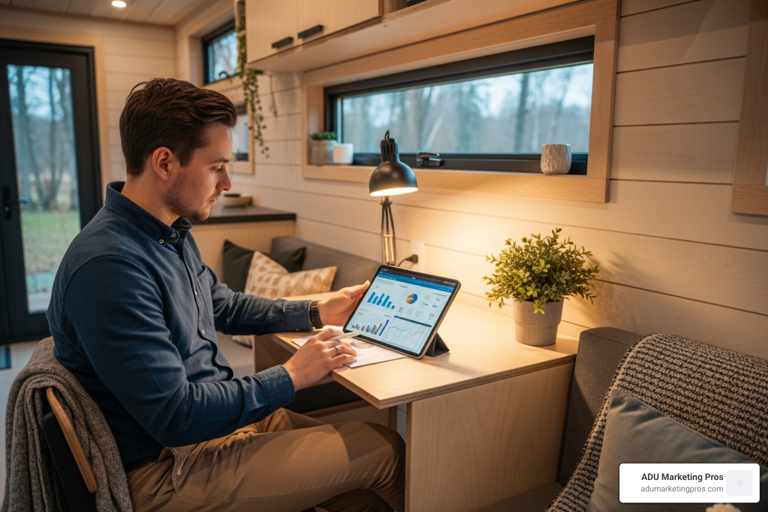 person reviewing financing documents on a tablet inside a cozy tiny home - Tiny home financing